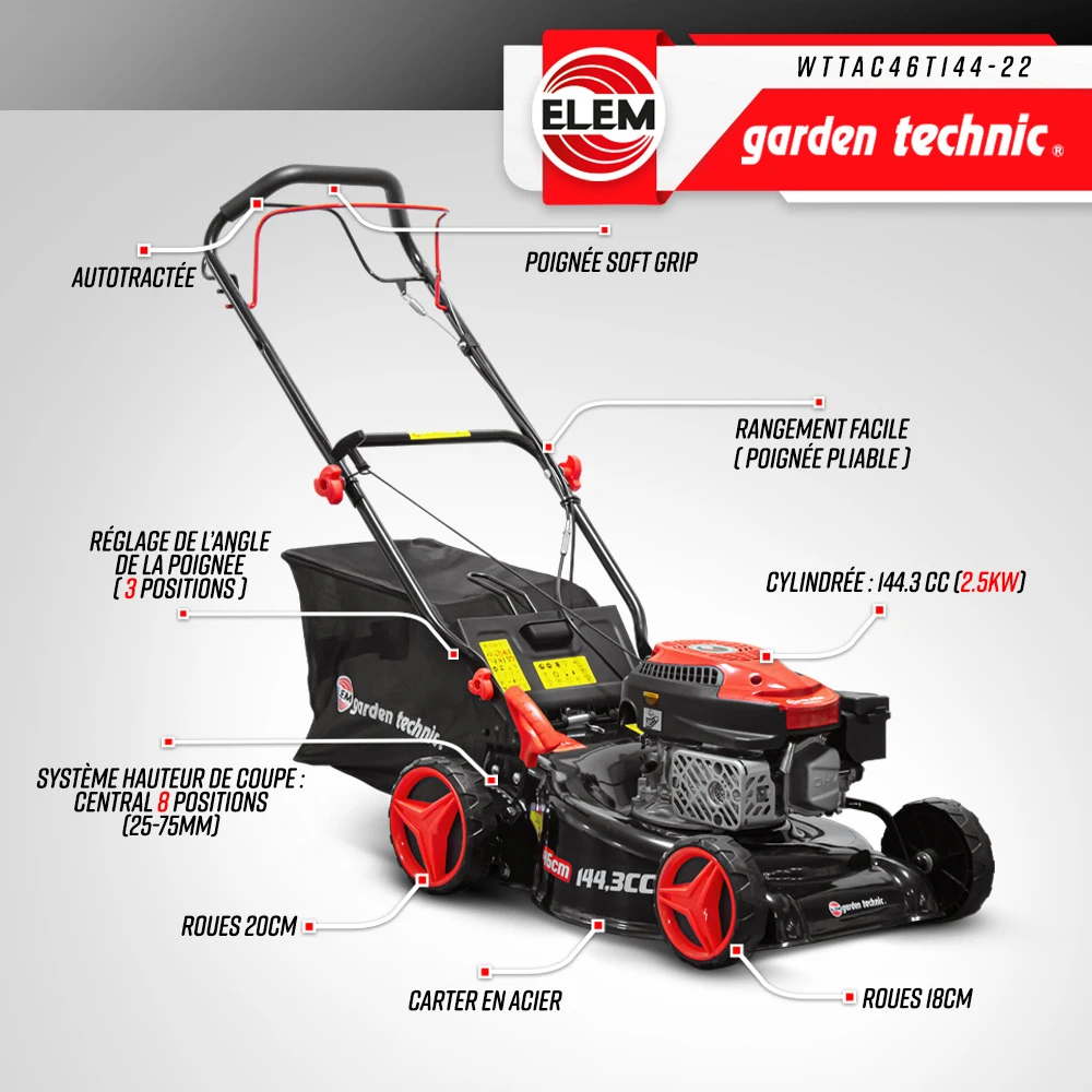 Tondeuse Thermique Autotractée 144.3cc - Largeur De Coupe 46cm - Elem Garden 2 Tondeuse Thermique Autotractée 144.3cc - Largeur De Coupe 46cm - Elem Garden – Image 2
